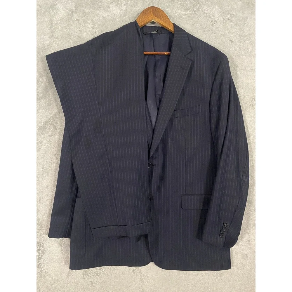 Jos. A. Bank 2pc Suit 46L 38x32 Navy Blue Signature Collection Stripe Cuff Wool